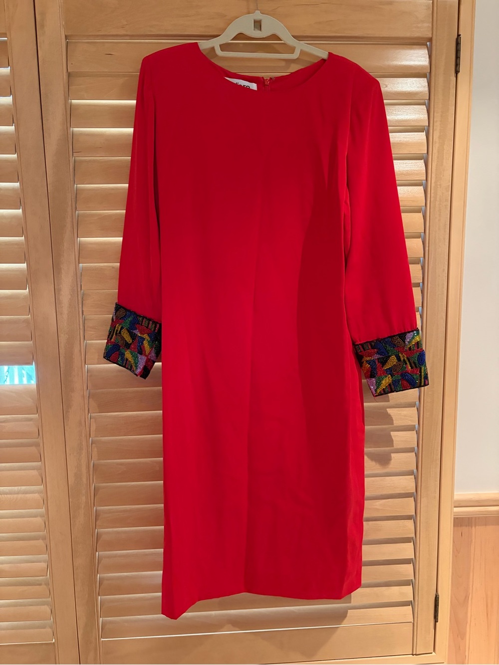 Bright Red Long-Sleeve Shift Dress with Beaded Cuffs
